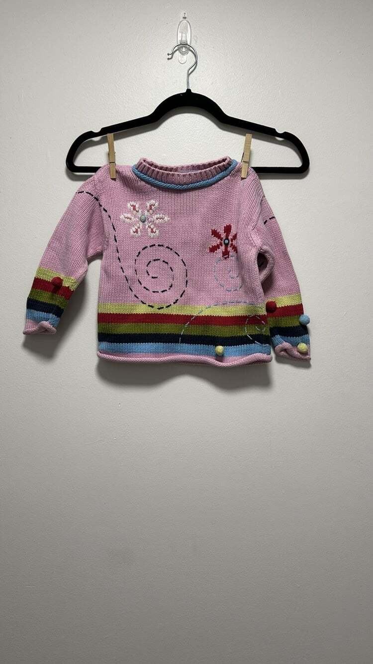 HANNA ANDERSSON Rolled Down Sweater Pom Poms Flowers Stripes Size 90 US 2T
